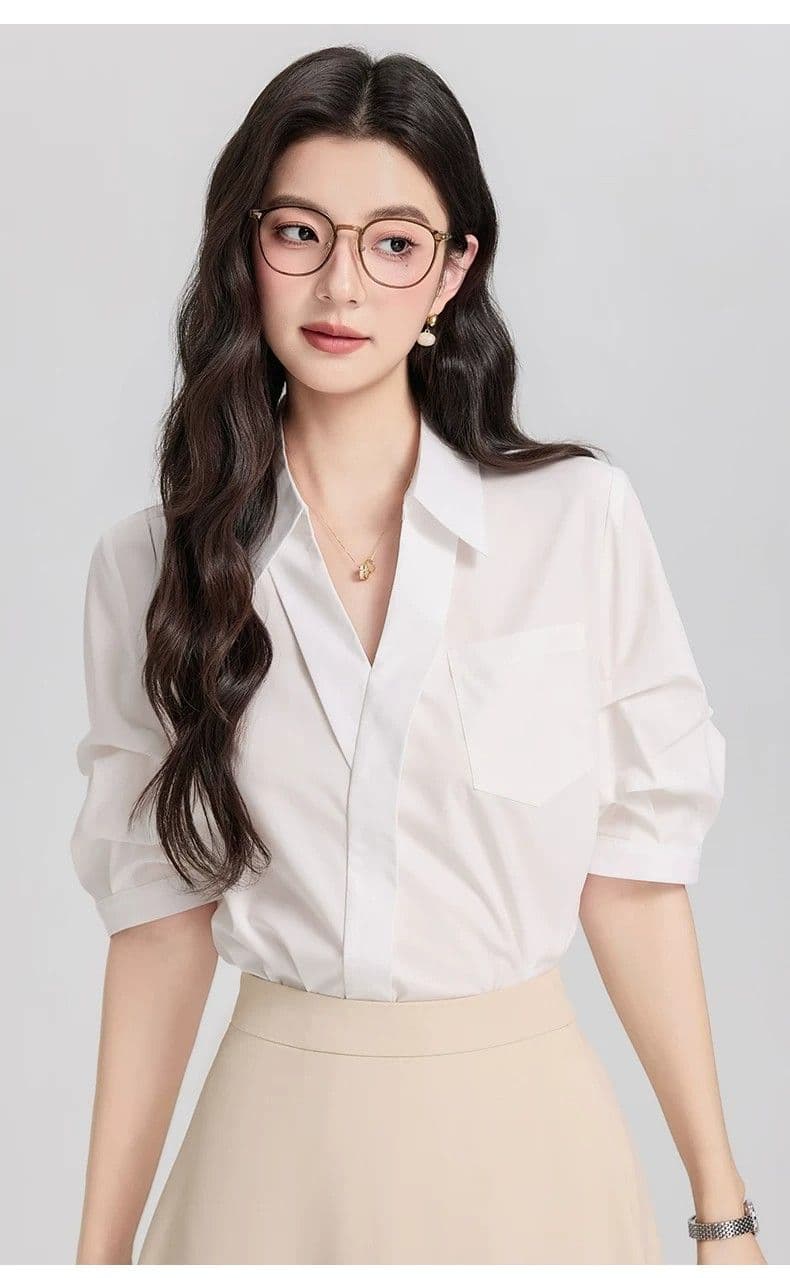 화이트 반팔 셔츠 여름 새로운 V넥 비즈니스웨어 면접 출퇴근 비즈니스 맨위 세트 거품 소매 셔츠 여성 상세 이미지 18