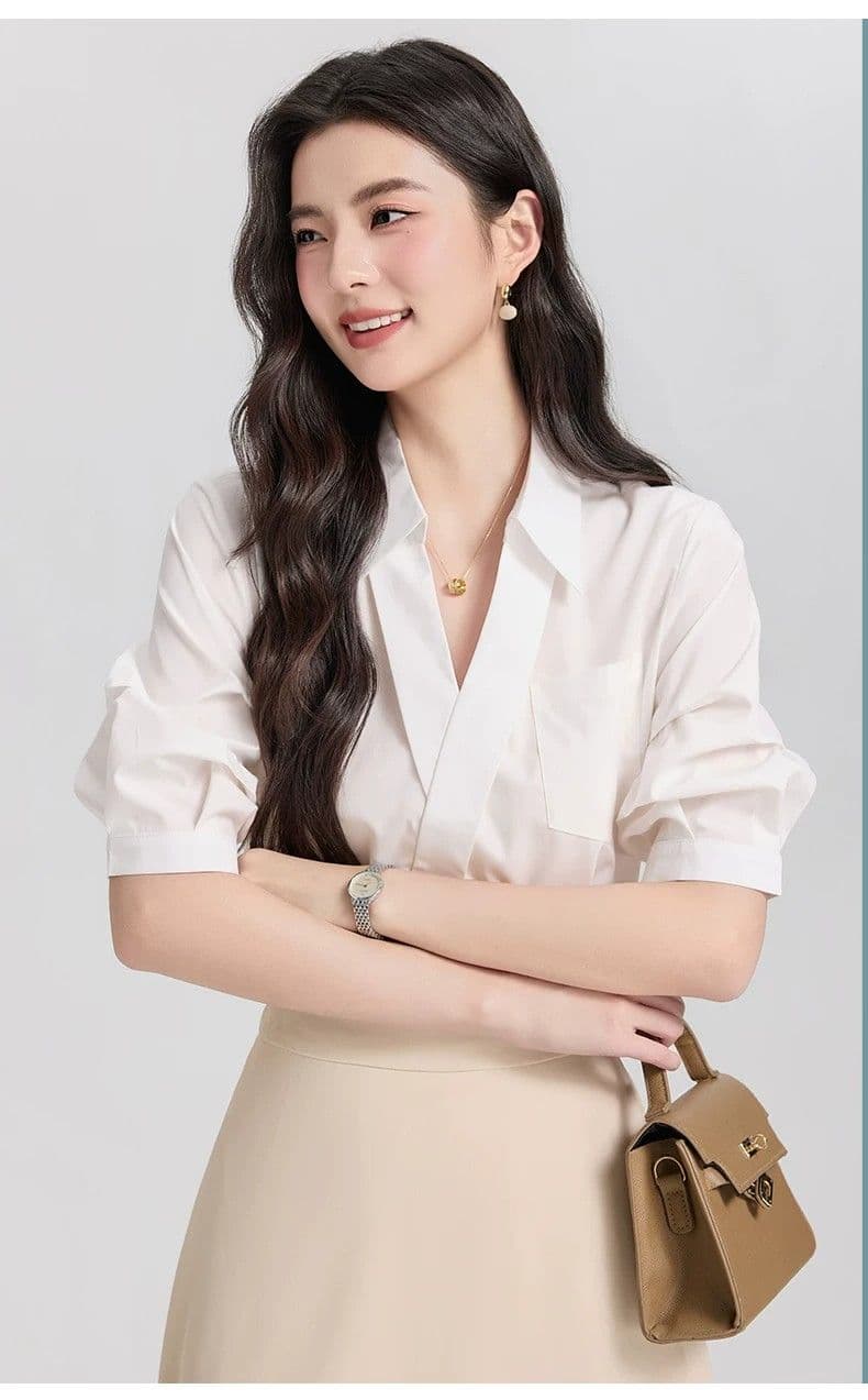 화이트 반팔 셔츠 여름 새로운 V넥 비즈니스웨어 면접 출퇴근 비즈니스 맨위 세트 거품 소매 셔츠 여성 상세 이미지 20