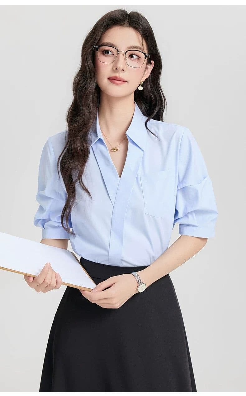 화이트 반팔 셔츠 여름 새로운 V넥 비즈니스웨어 면접 출퇴근 비즈니스 맨위 세트 거품 소매 셔츠 여성 상세 이미지 25