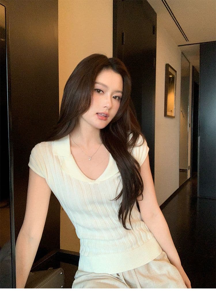 폴로 칼라 구덩이 기사 반팔 니트 스웨터 여성 여름 2026 새로운 한 부서 익스트림 제인 몸매 가꾸기 티셔츠 작은 날다 소매 다용도 맨위 상세 이미지 5