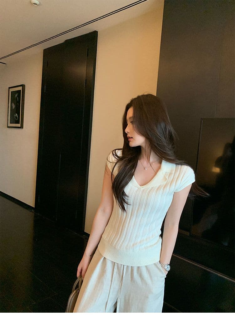 폴로 칼라 구덩이 기사 반팔 니트 스웨터 여성 여름 2026 새로운 한 부서 익스트림 제인 몸매 가꾸기 티셔츠 작은 날다 소매 다용도 맨위 상세 이미지 10