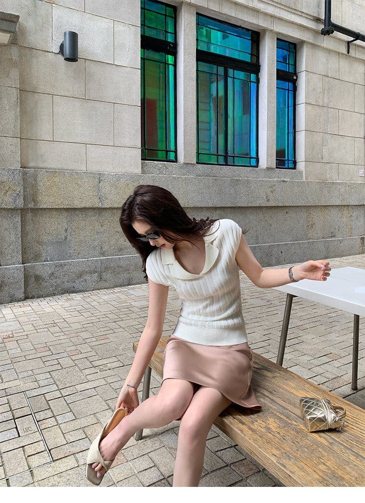 폴로 칼라 구덩이 기사 반팔 니트 스웨터 여성 여름 2026 새로운 한 부서 익스트림 제인 몸매 가꾸기 티셔츠 작은 날다 소매 다용도 맨위 상세 이미지 14