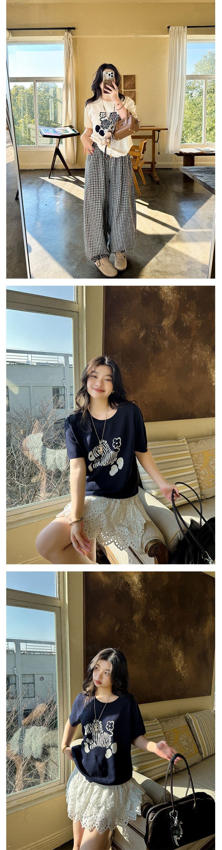 높음 비틀림 얼음 실크 작은 얼룩말 패턴 라운드 넥 연령 감소 몸매 가꾸기 슬림해 보이는 다용도 품격 반팔 니트 스웨터 2026 새로운 상세 이미지 3
