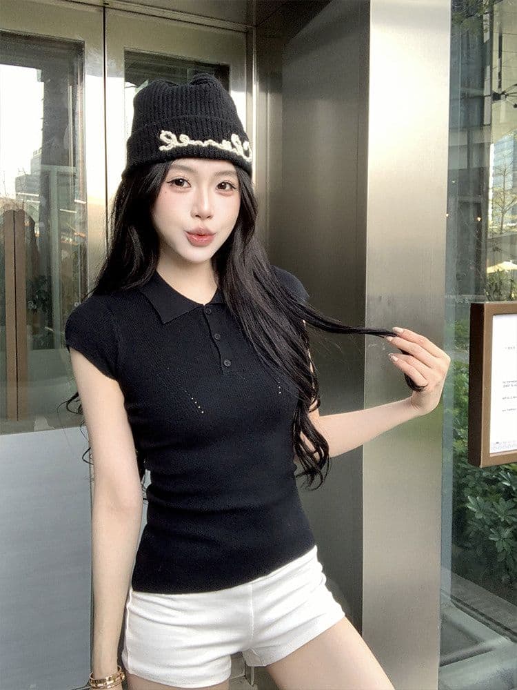 폴로 칼라 니트 반팔 티셔츠 여성 여름 2026 새로운 한 부서 몸매 가꾸기 슬림해 보이는 POLO 칼라 작은 날다 소매 맨위 트렌디 상세 이미지 14