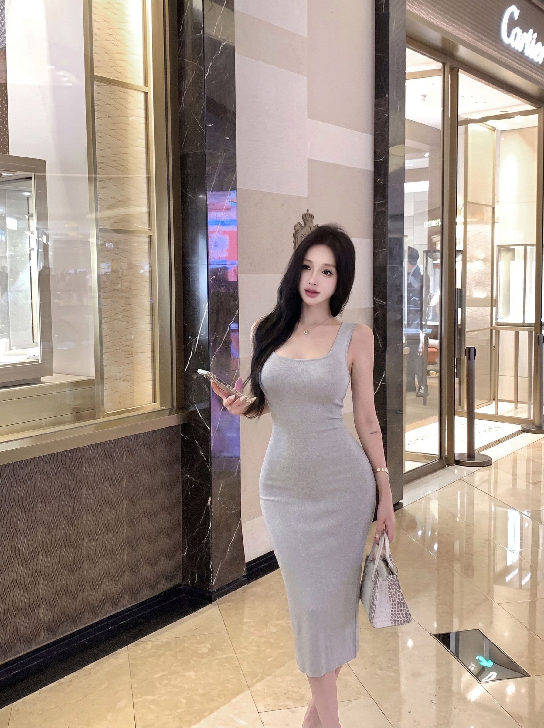 검정색 광장 칼라 니트 여성 드레스 여름 허리 수축 민소매 조끼 치마 몸매 가꾸기 슬림해 보이는 중간 길이 타이트 스커트 상세 이미지 6
