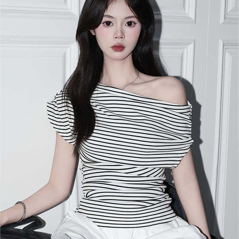 아메리칸 검정색 스트라이프 비스듬한 어깨 니트 티셔츠 여성 여름 새로운 ins 인사이드 가져 가라. 캐주얼 반팔 허리 수축 맨위 이미지 5