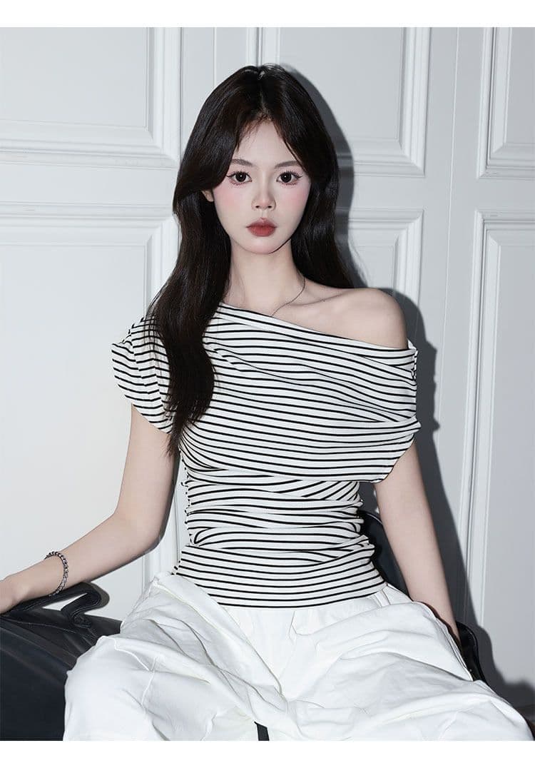 아메리칸 검정색 스트라이프 비스듬한 어깨 니트 티셔츠 여성 여름 새로운 ins 인사이드 가져 가라. 캐주얼 반팔 허리 수축 맨위 상세 이미지 1