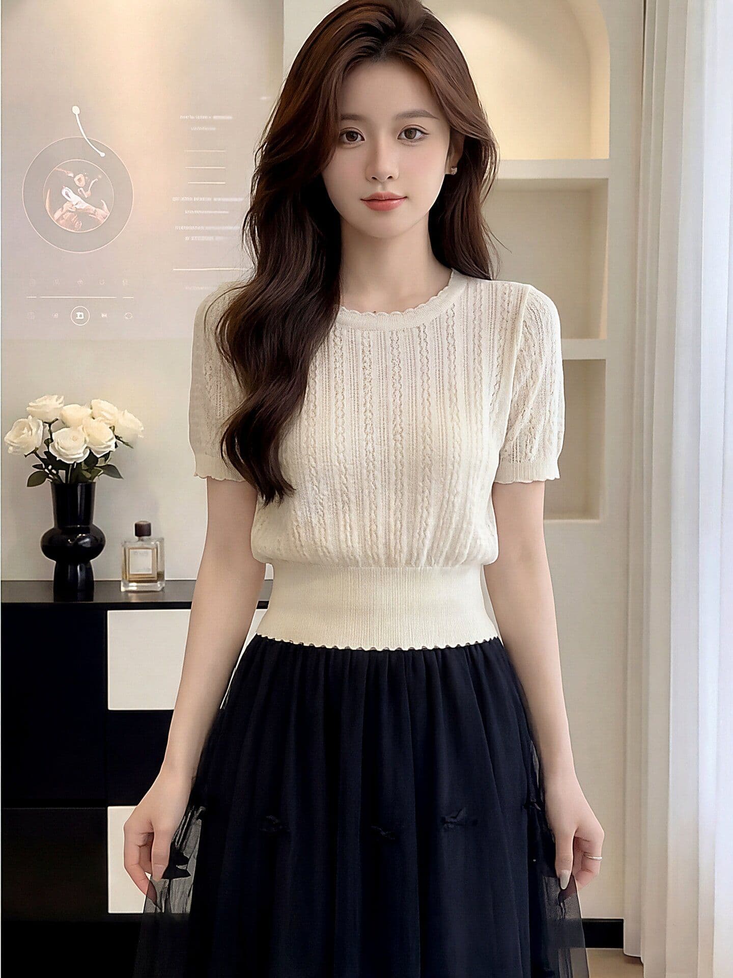 프랑스식 살구 색상 홀로우 아웃 니트 스웨터 반팔 여성 2026 여름 새로운 작은 샤넬 스타일 품격 프로 피부 통기성 티셔츠 맨위 상세 이미지 2