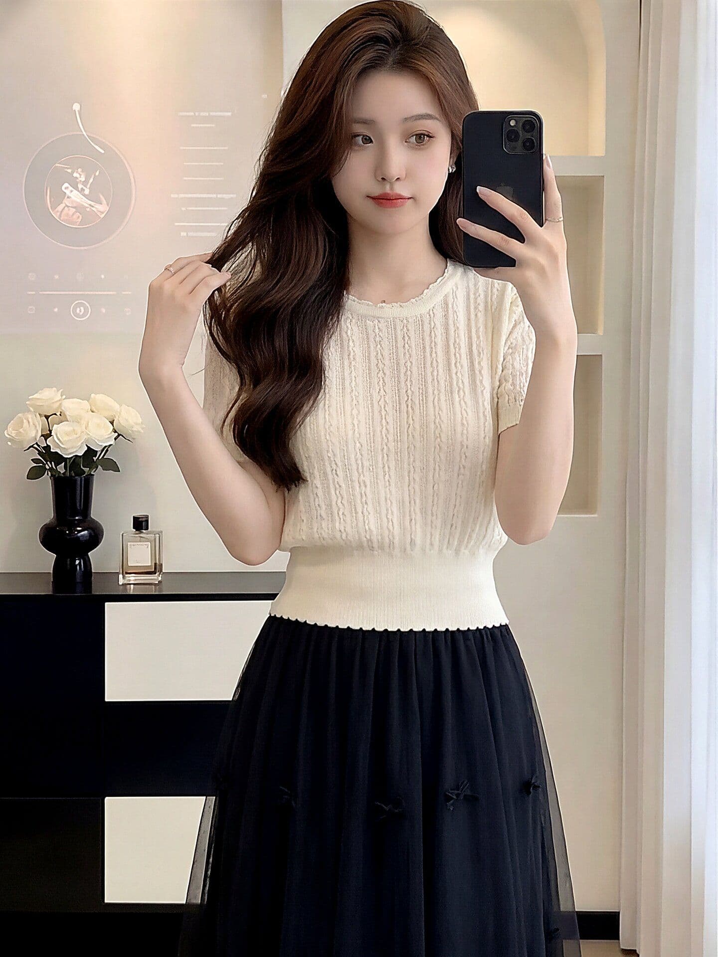프랑스식 살구 색상 홀로우 아웃 니트 스웨터 반팔 여성 2026 여름 새로운 작은 샤넬 스타일 품격 프로 피부 통기성 티셔츠 맨위 상세 이미지 3