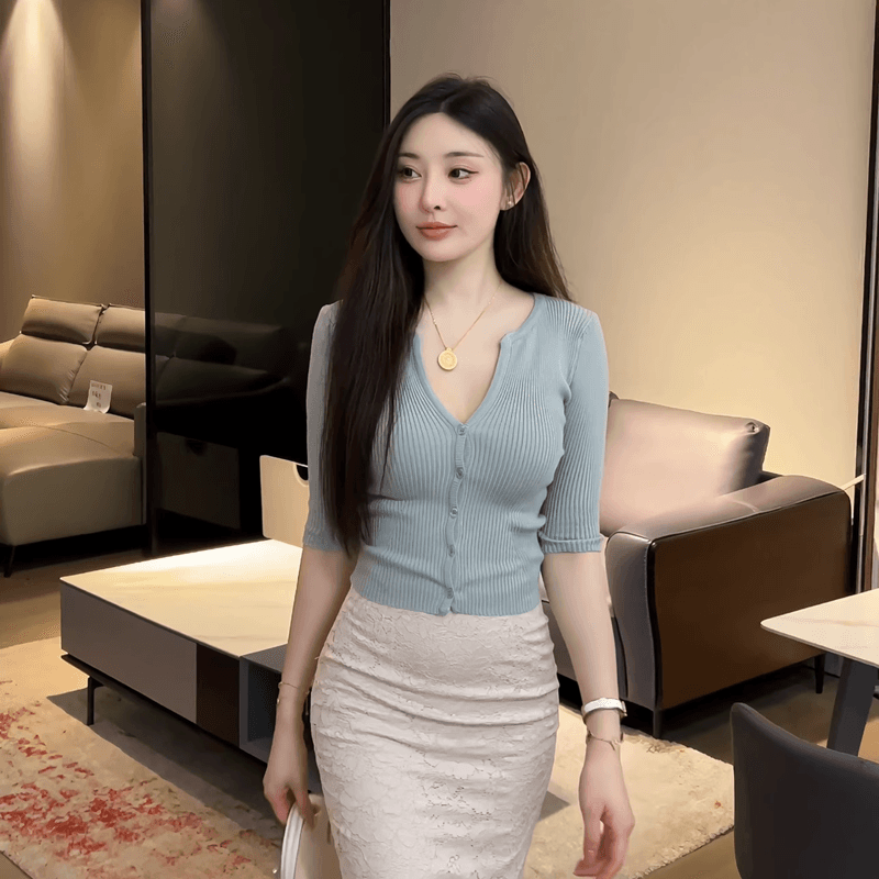 한 부서 작은 V넥 니트 스웨터 여성 여름 얇은 스타일 중간 소매 오픈 가디건 쇼트 스타일 몸매 가꾸기 단추 5 점 소매 출퇴근 맨위 이미지 5