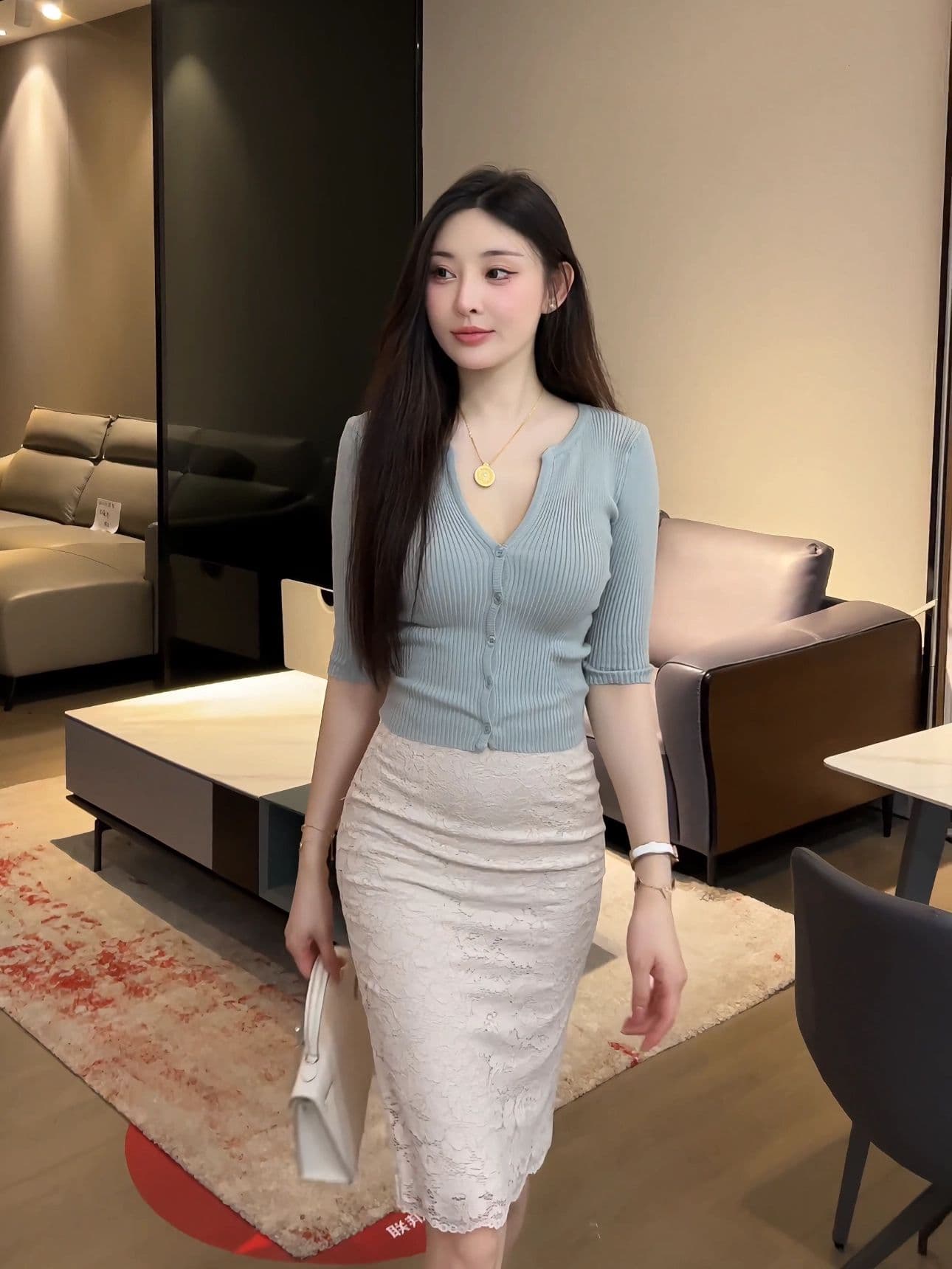 한 부서 작은 V넥 니트 스웨터 여성 여름 얇은 스타일 중간 소매 오픈 가디건 쇼트 스타일 몸매 가꾸기 단추 5 점 소매 출퇴근 맨위 상세 이미지 5