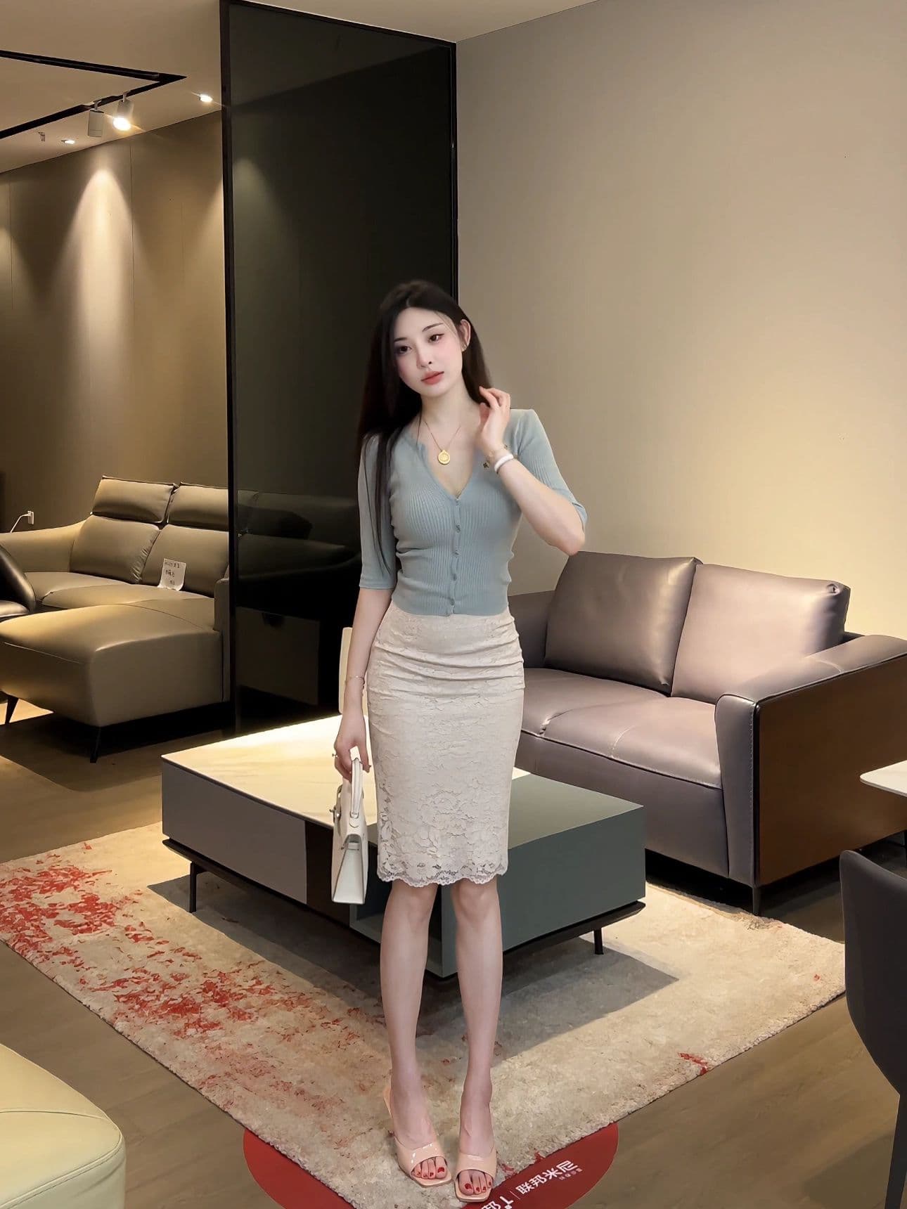 한 부서 작은 V넥 니트 스웨터 여성 여름 얇은 스타일 중간 소매 오픈 가디건 쇼트 스타일 몸매 가꾸기 단추 5 점 소매 출퇴근 맨위 상세 이미지 7