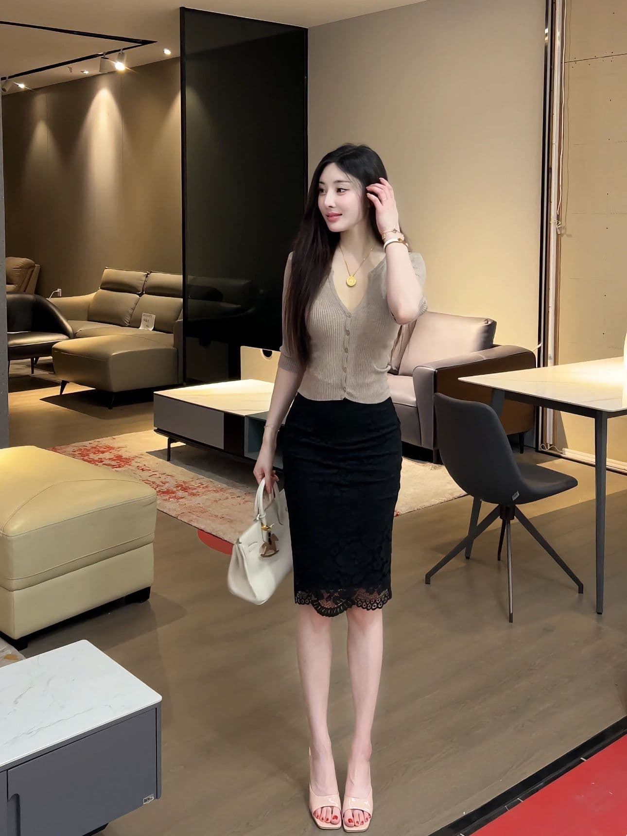 한 부서 작은 V넥 니트 스웨터 여성 여름 얇은 스타일 중간 소매 오픈 가디건 쇼트 스타일 몸매 가꾸기 단추 5 점 소매 출퇴근 맨위 상세 이미지 11