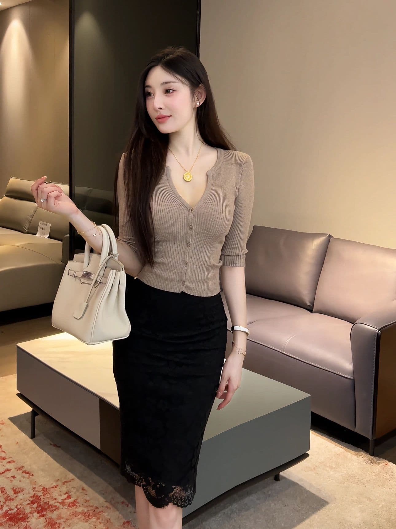 한 부서 작은 V넥 니트 스웨터 여성 여름 얇은 스타일 중간 소매 오픈 가디건 쇼트 스타일 몸매 가꾸기 단추 5 점 소매 출퇴근 맨위 상세 이미지 15