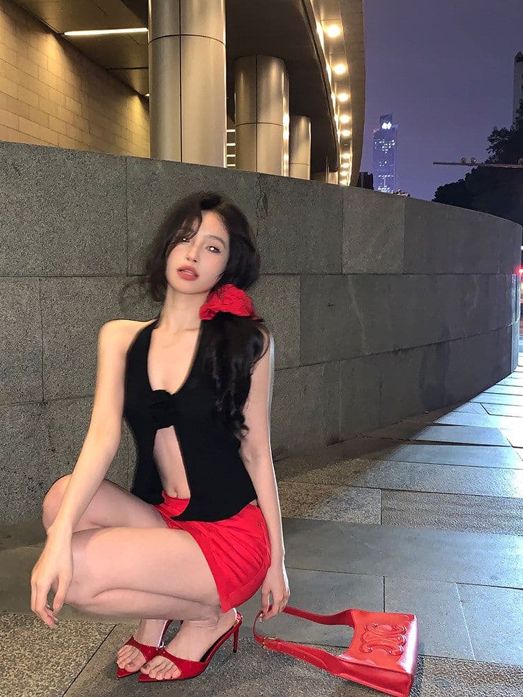 3 차원 꽃 니트 행침 목 캐미솔 여름 V넥 달콤한 핫걸 섹시함 빨간색 아름다움 뒤로 외출용 맨위 상세 이미지 16