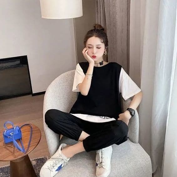 운동 캐주얼 세트 여성 2026 년 새로운 페이크 레이어드 반팔 맨위 조거 할란 긴 바지 여름 투피스 세트 이미지 4