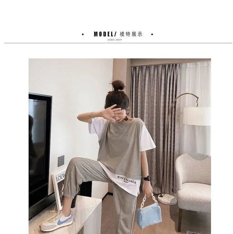 운동 캐주얼 세트 여성 2026 년 새로운 페이크 레이어드 반팔 맨위 조거 할란 긴 바지 여름 투피스 세트 상세 이미지 5