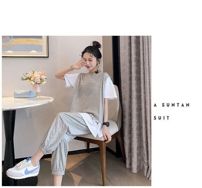 운동 캐주얼 세트 여성 2026 년 새로운 페이크 레이어드 반팔 맨위 조거 할란 긴 바지 여름 투피스 세트 상세 이미지 6