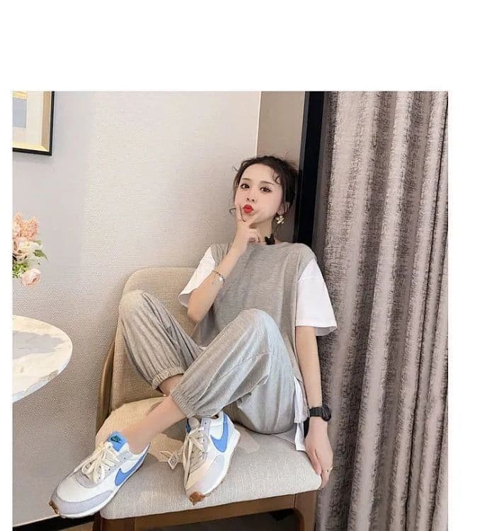 운동 캐주얼 세트 여성 2026 년 새로운 페이크 레이어드 반팔 맨위 조거 할란 긴 바지 여름 투피스 세트 상세 이미지 7