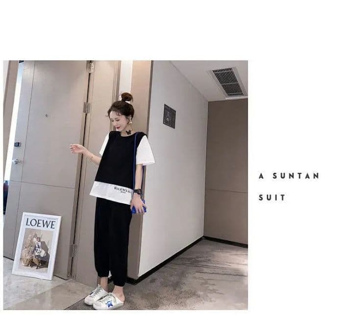 운동 캐주얼 세트 여성 2026 년 새로운 페이크 레이어드 반팔 맨위 조거 할란 긴 바지 여름 투피스 세트 상세 이미지 9