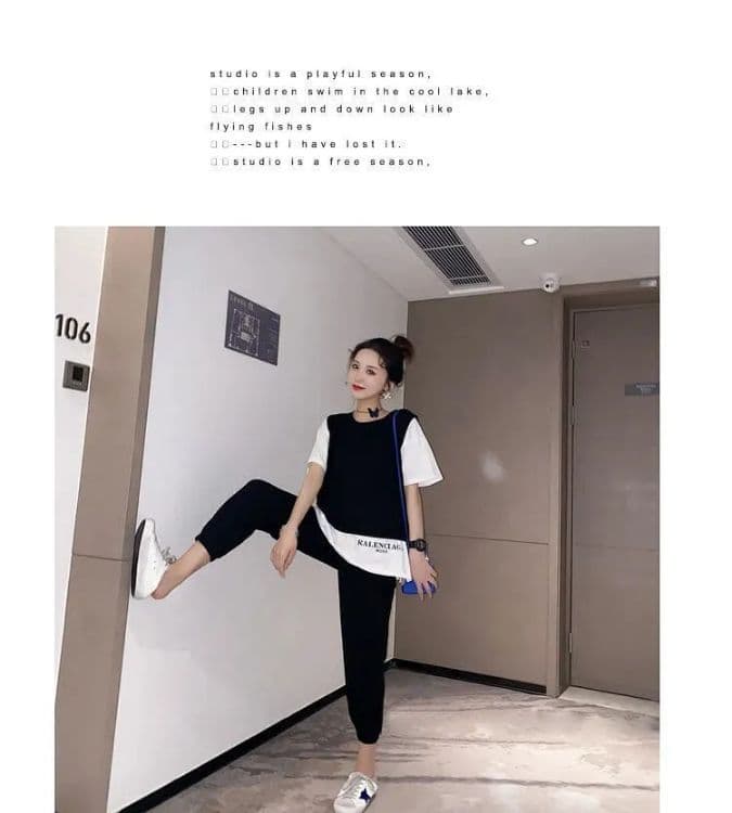 운동 캐주얼 세트 여성 2026 년 새로운 페이크 레이어드 반팔 맨위 조거 할란 긴 바지 여름 투피스 세트 상세 이미지 10