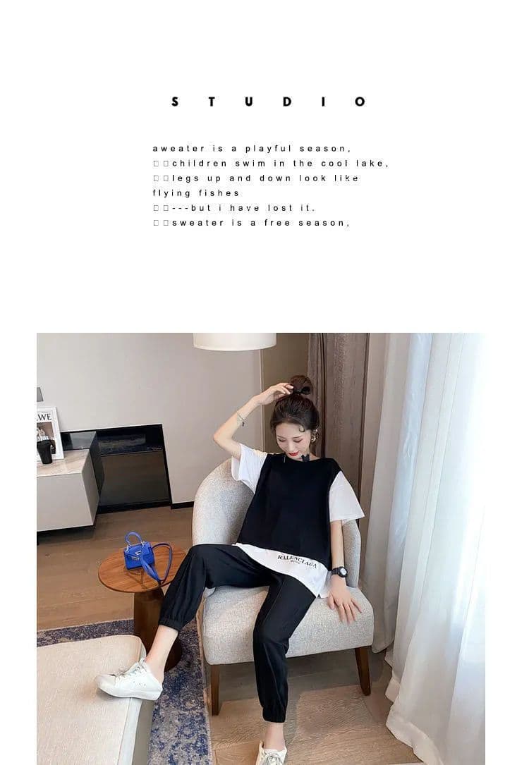운동 캐주얼 세트 여성 2026 년 새로운 페이크 레이어드 반팔 맨위 조거 할란 긴 바지 여름 투피스 세트 상세 이미지 12