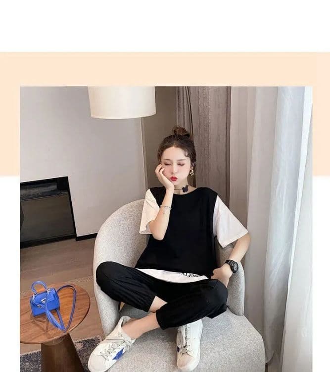 운동 캐주얼 세트 여성 2026 년 새로운 페이크 레이어드 반팔 맨위 조거 할란 긴 바지 여름 투피스 세트 상세 이미지 13