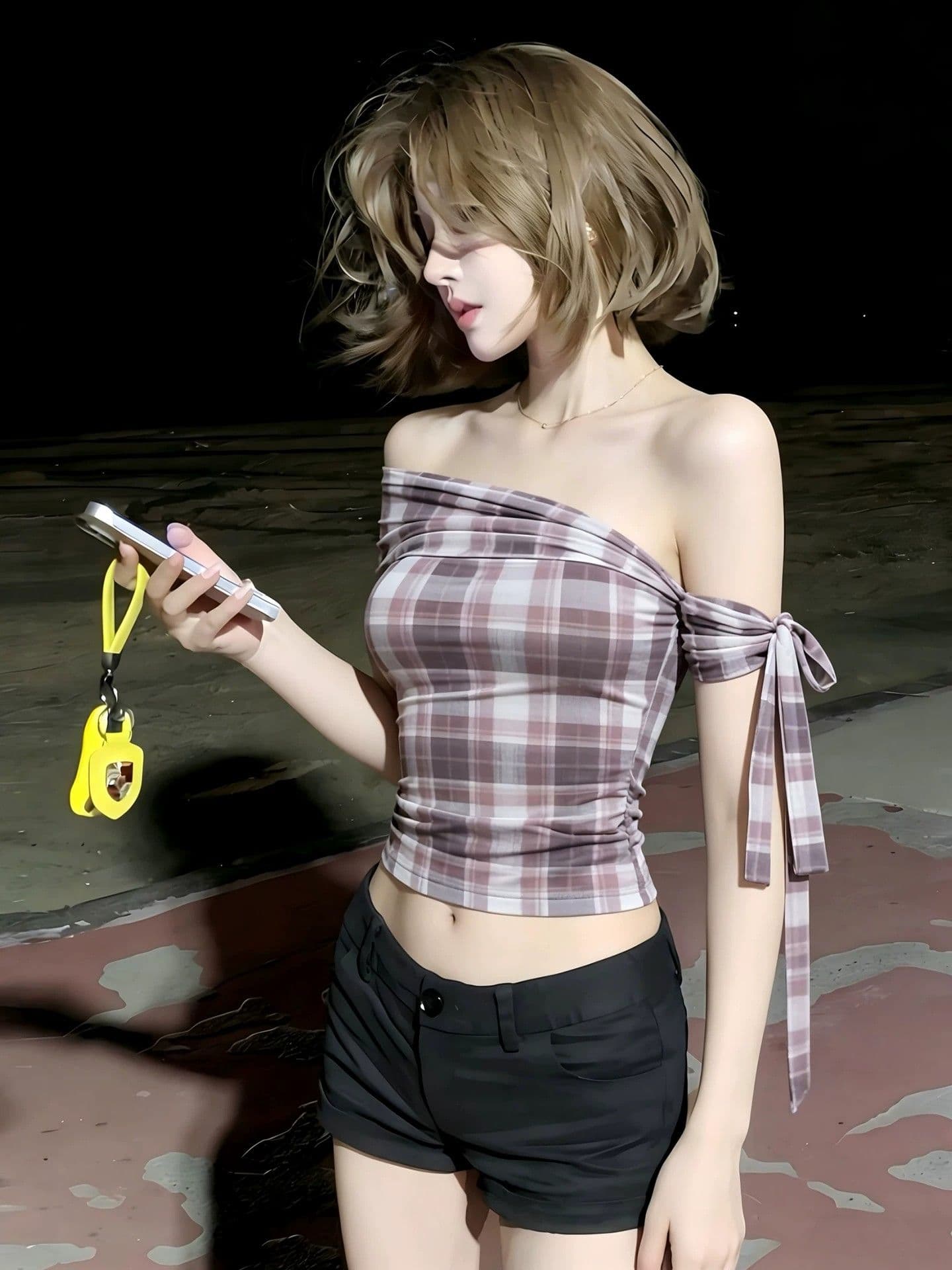 아메리칸 레트로 오프숄더 핫걸 바람 비스듬한 칼라 체크무늬 티셔츠 여성 여름 새로운 디자인 센스 슬림해 보이는 반팔 맨위 상세 이미지 3