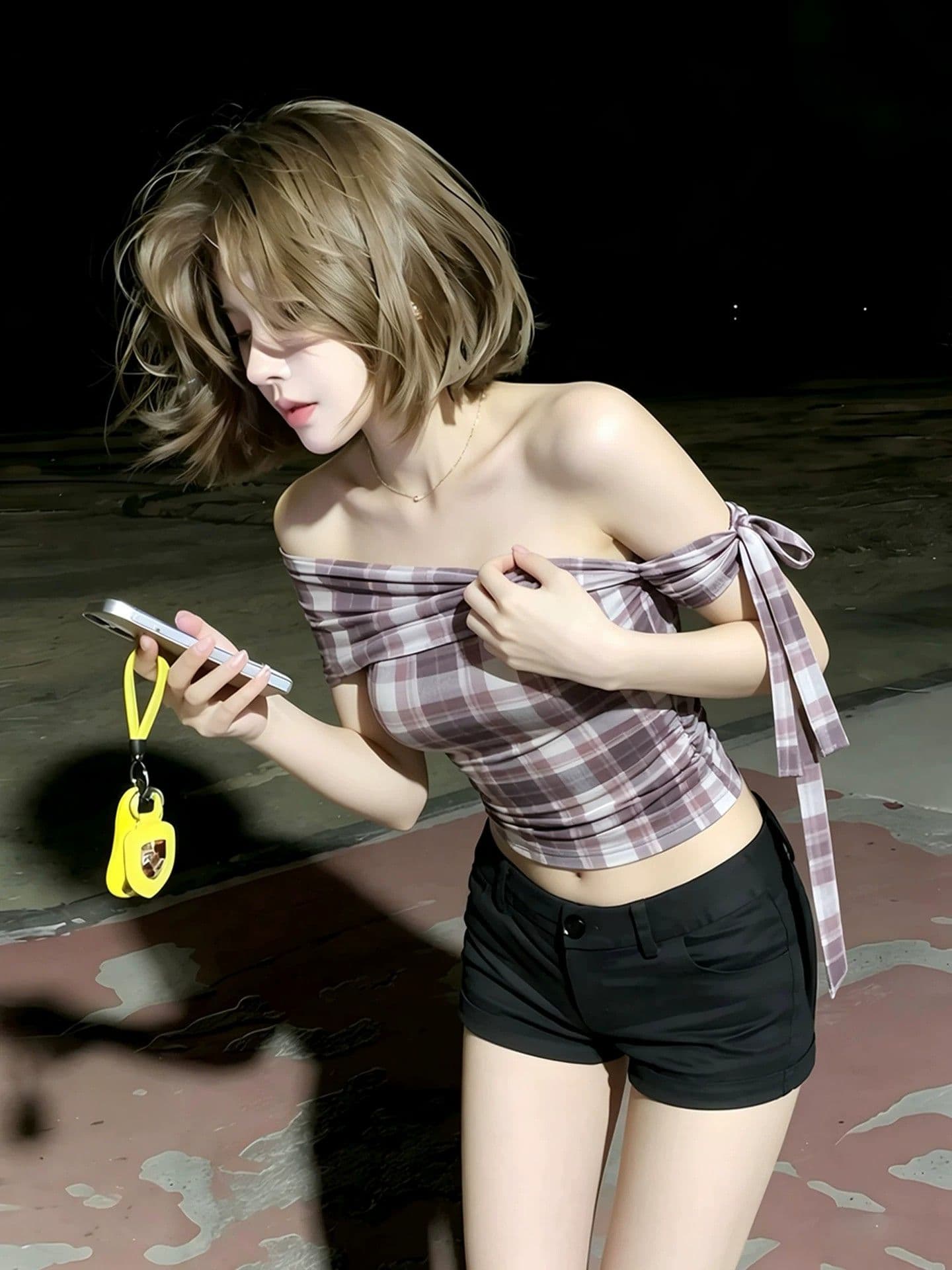 아메리칸 레트로 오프숄더 핫걸 바람 비스듬한 칼라 체크무늬 티셔츠 여성 여름 새로운 디자인 센스 슬림해 보이는 반팔 맨위 상세 이미지 4
