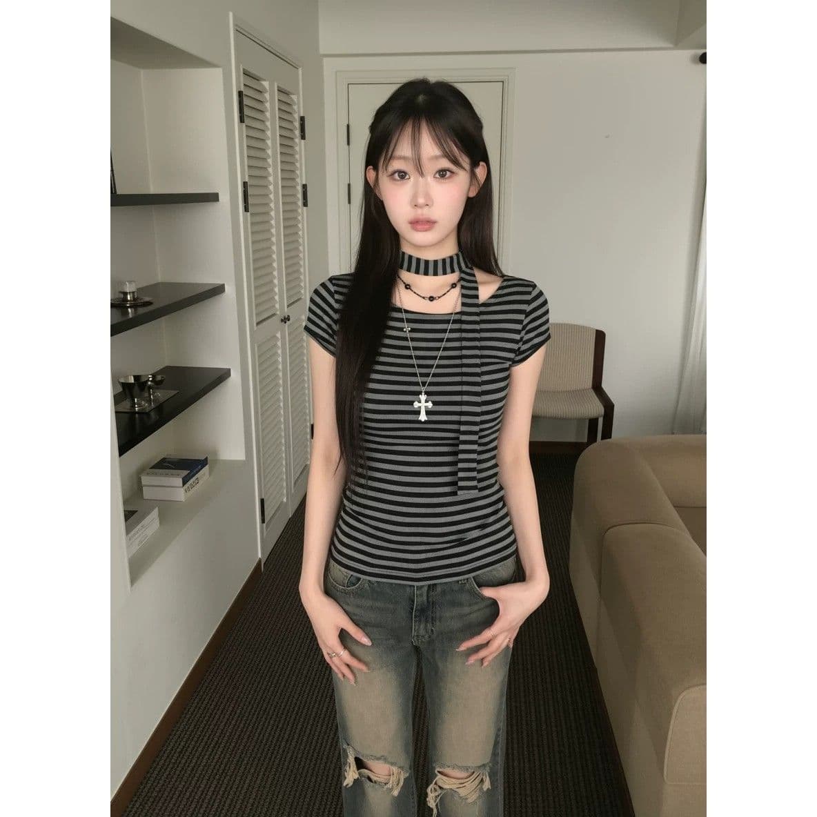원본 원단 컬러 짜임 기사 레트로 오프숄더 스트랩 리본 스트라이프 반팔 티셔츠 달콤한 차가운 핫걸 슬림해 보이는 맨위