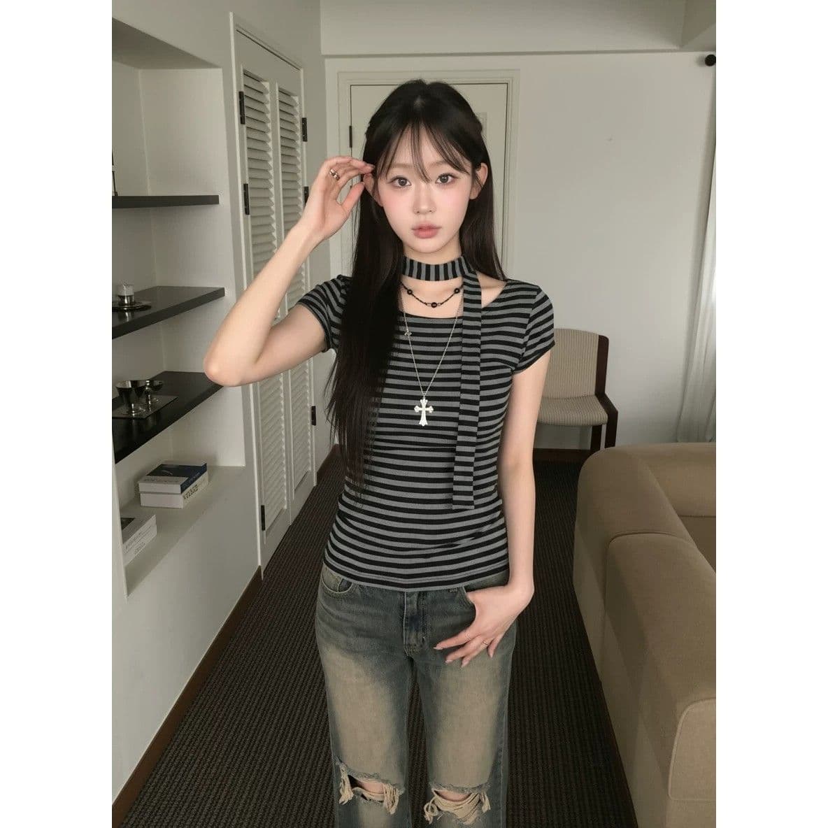원본 원단 컬러 짜임 기사 레트로 오프숄더 스트랩 리본 스트라이프 반팔 티셔츠 달콤한 차가운 핫걸 슬림해 보이는 맨위 이미지 2