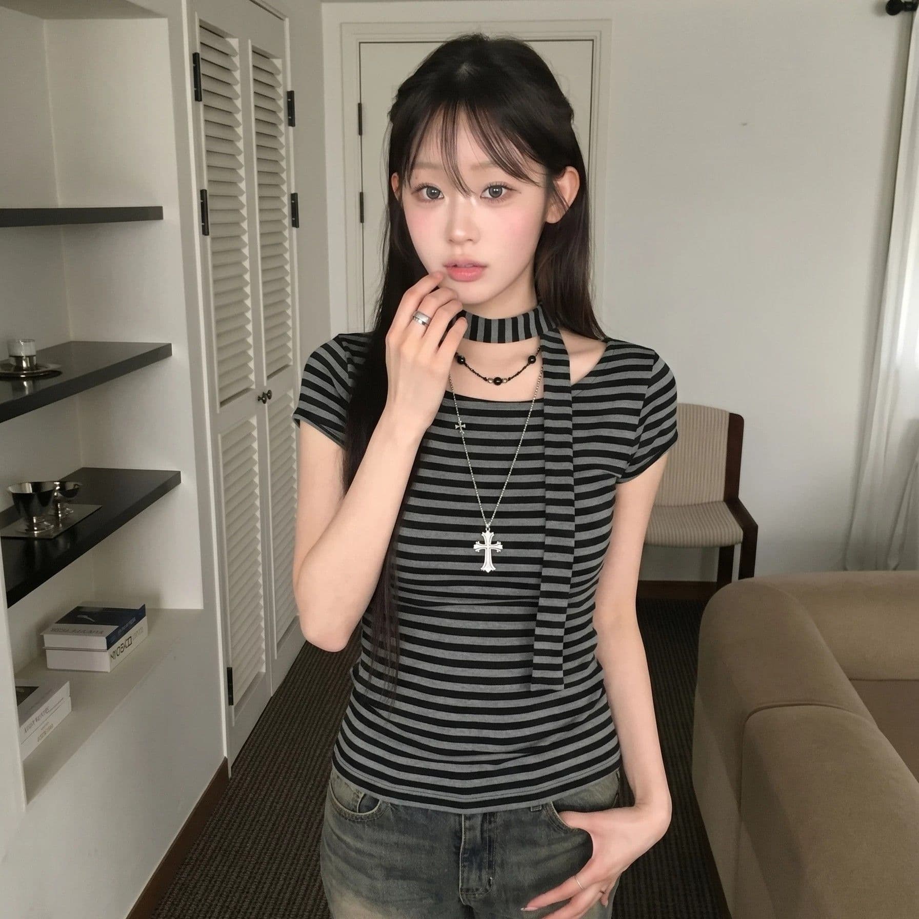 원본 원단 컬러 짜임 기사 레트로 오프숄더 스트랩 리본 스트라이프 반팔 티셔츠 달콤한 차가운 핫걸 슬림해 보이는 맨위 이미지 5