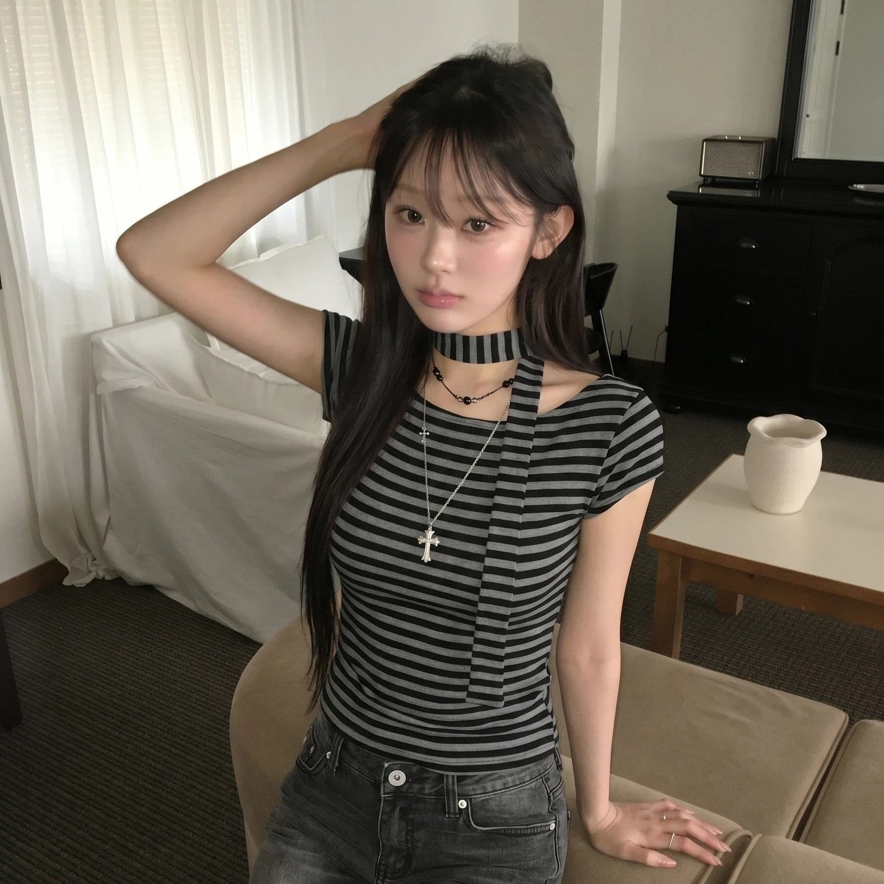 원본 원단 컬러 짜임 기사 레트로 오프숄더 스트랩 리본 스트라이프 반팔 티셔츠 달콤한 차가운 핫걸 슬림해 보이는 맨위 이미지 3