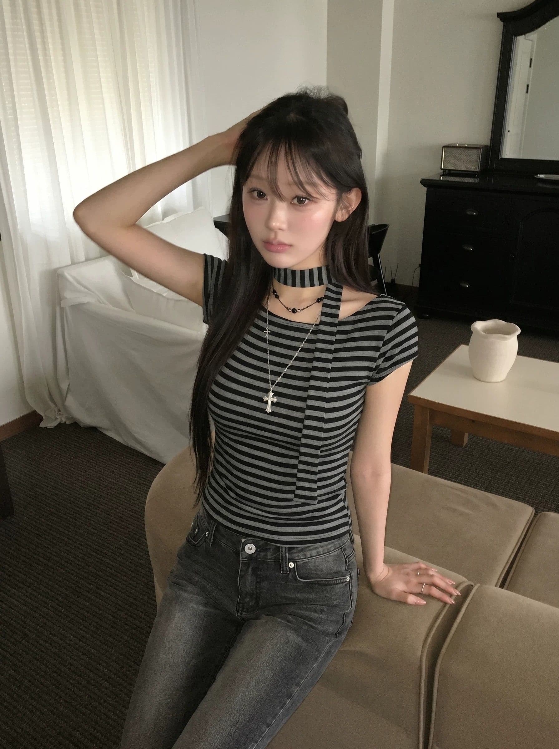 원본 원단 컬러 짜임 기사 레트로 오프숄더 스트랩 리본 스트라이프 반팔 티셔츠 달콤한 차가운 핫걸 슬림해 보이는 맨위 상세 이미지 1