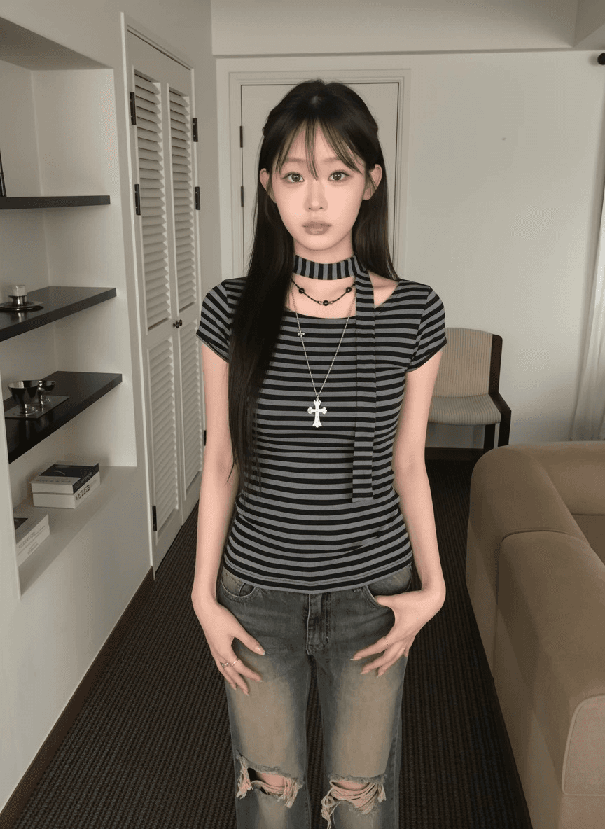 원본 원단 컬러 짜임 기사 레트로 오프숄더 스트랩 리본 스트라이프 반팔 티셔츠 달콤한 차가운 핫걸 슬림해 보이는 맨위 상세 이미지 2