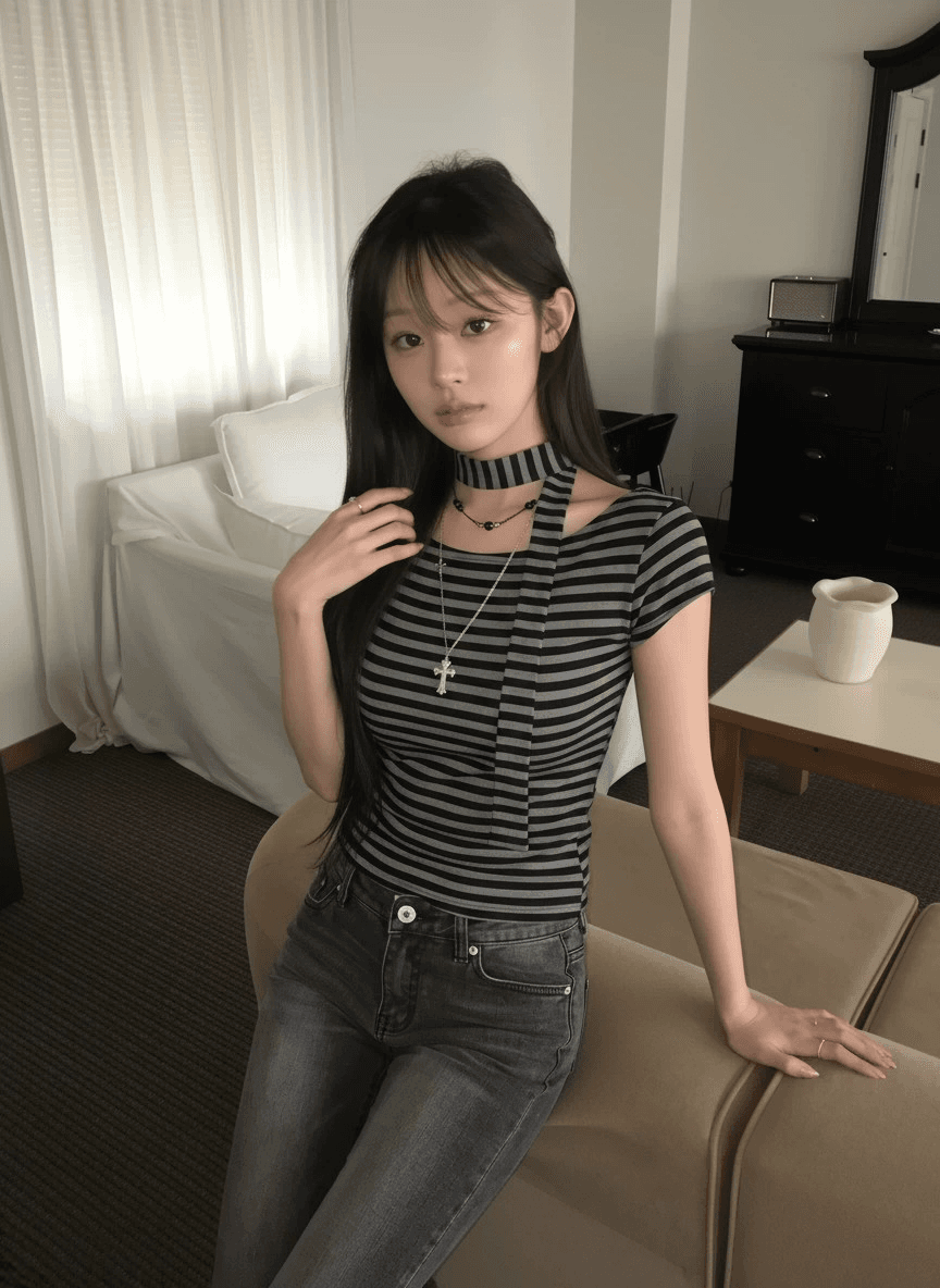 원본 원단 컬러 짜임 기사 레트로 오프숄더 스트랩 리본 스트라이프 반팔 티셔츠 달콤한 차가운 핫걸 슬림해 보이는 맨위 상세 이미지 3