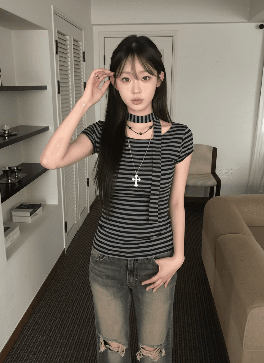 원본 원단 컬러 짜임 기사 레트로 오프숄더 스트랩 리본 스트라이프 반팔 티셔츠 달콤한 차가운 핫걸 슬림해 보이는 맨위 상세 이미지 4