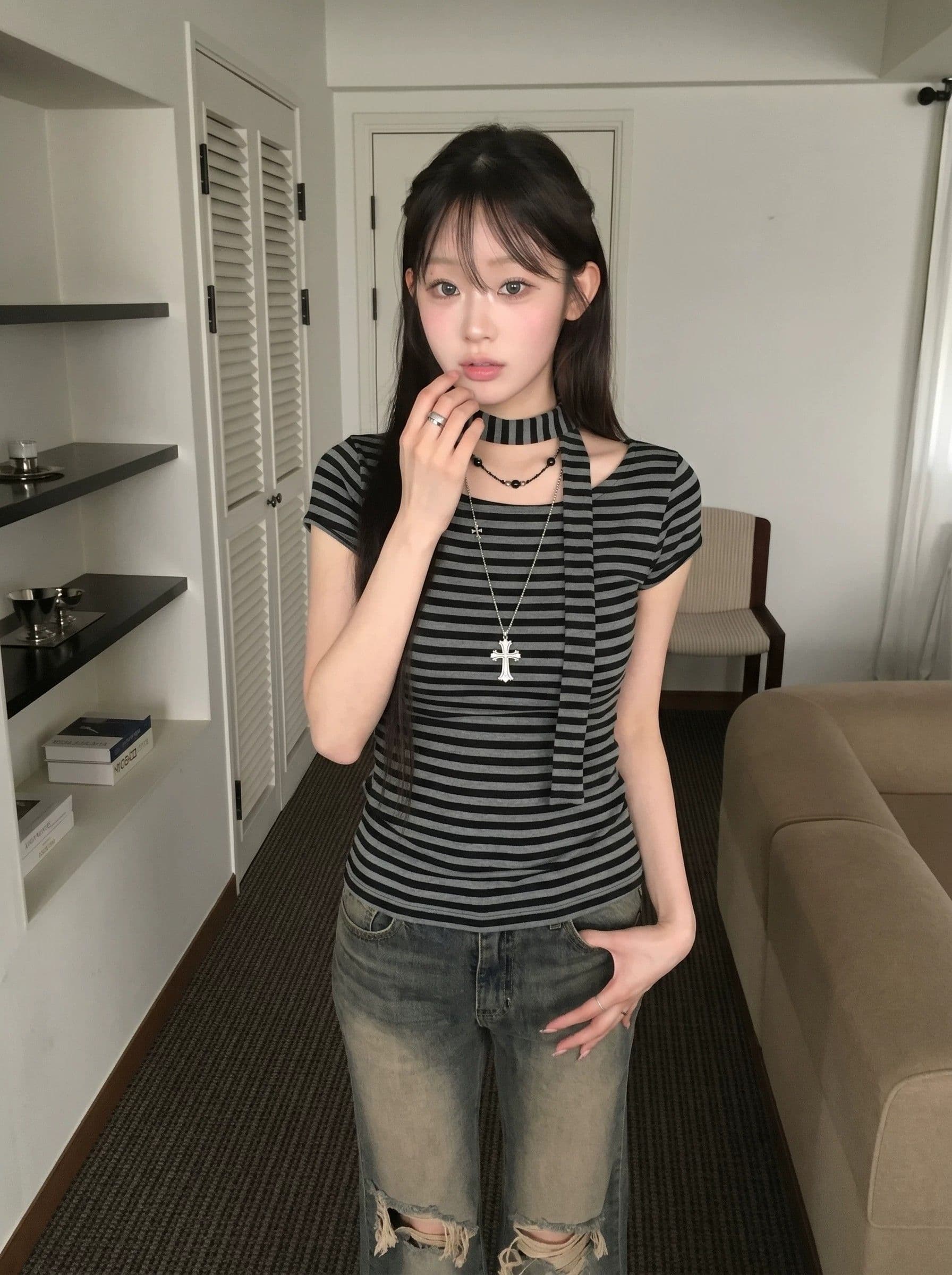 원본 원단 컬러 짜임 기사 레트로 오프숄더 스트랩 리본 스트라이프 반팔 티셔츠 달콤한 차가운 핫걸 슬림해 보이는 맨위 상세 이미지 5
