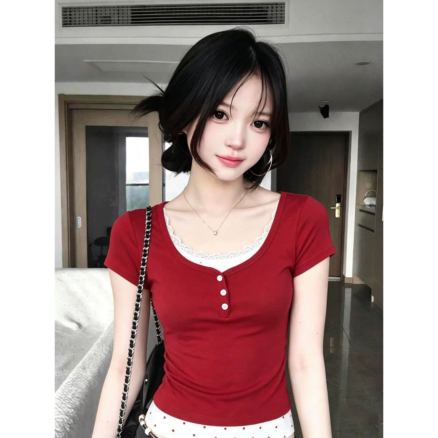 40 순면 한 부서 레이스 빨간색 반팔 티셔츠 여성 여름 새로운 몸매 가꾸기 슬림해 보이는 페이크 레이어드 핫걸 맨위 이미지 4