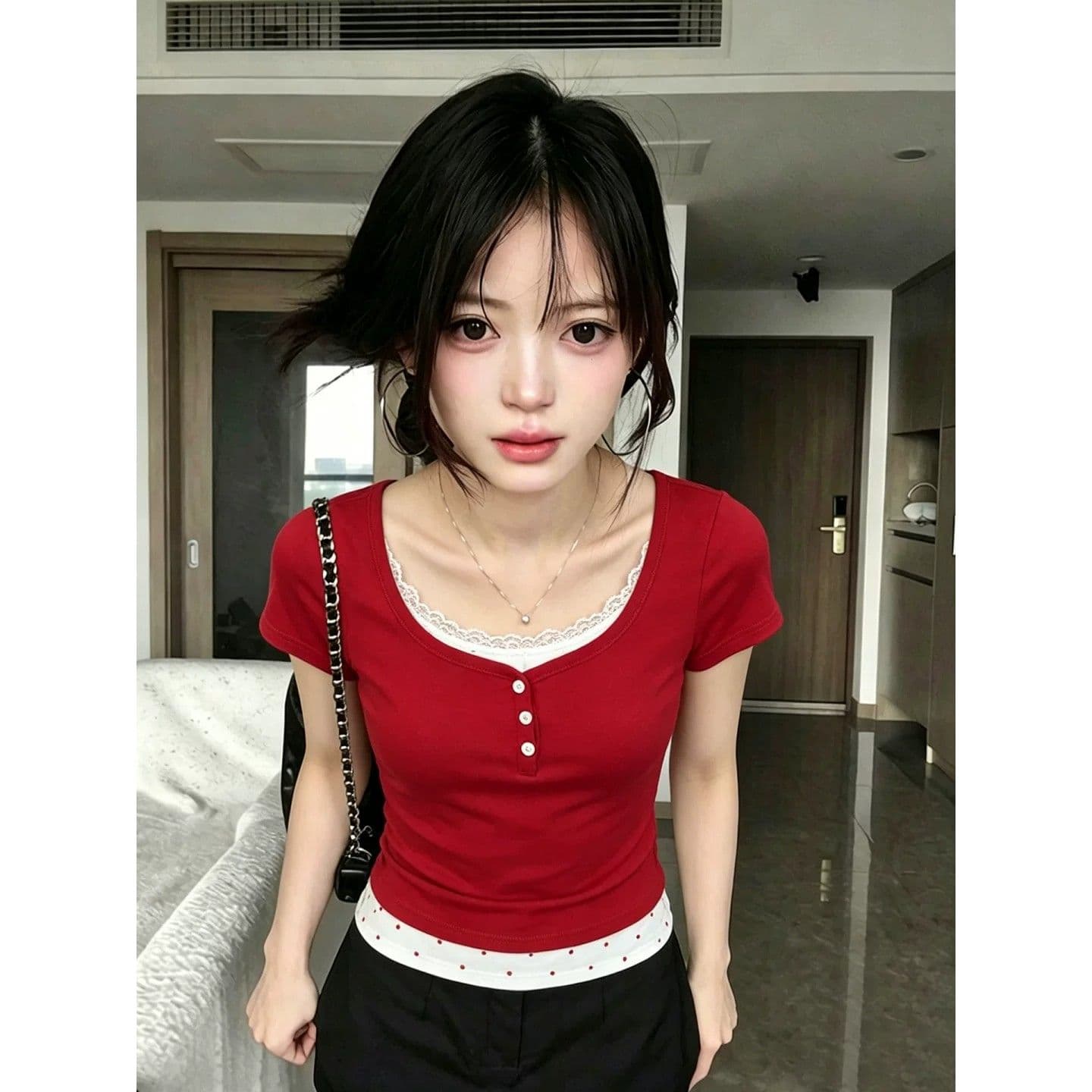 40 순면 한 부서 레이스 빨간색 반팔 티셔츠 여성 여름 새로운 몸매 가꾸기 슬림해 보이는 페이크 레이어드 핫걸 맨위 이미지 5