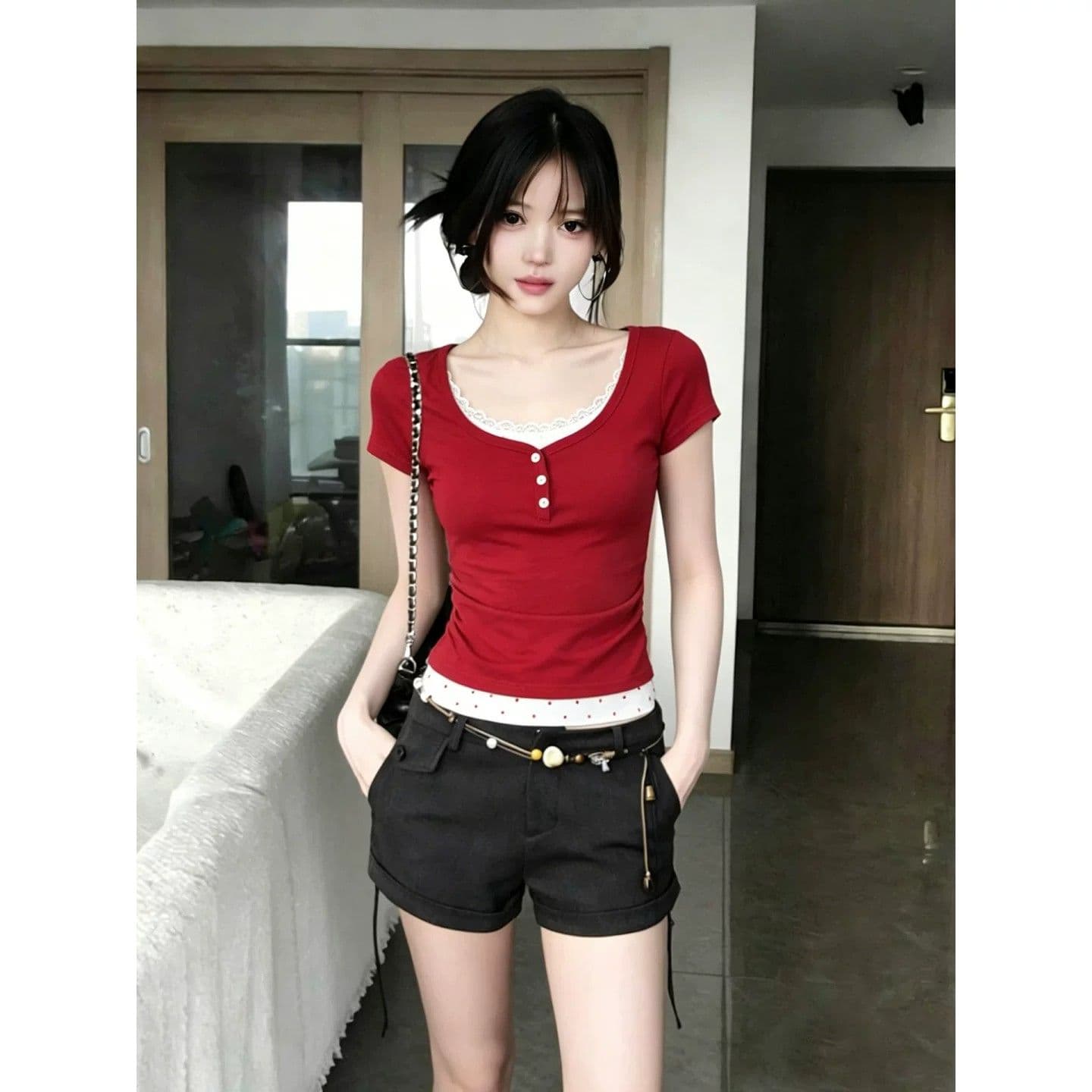 40 순면 한 부서 레이스 빨간색 반팔 티셔츠 여성 여름 새로운 몸매 가꾸기 슬림해 보이는 페이크 레이어드 핫걸 맨위