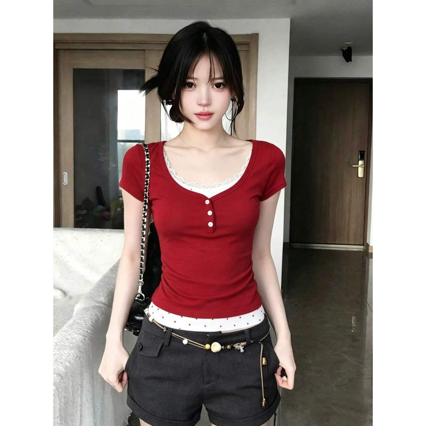 40 순면 한 부서 레이스 빨간색 반팔 티셔츠 여성 여름 새로운 몸매 가꾸기 슬림해 보이는 페이크 레이어드 핫걸 맨위 상세 이미지 1