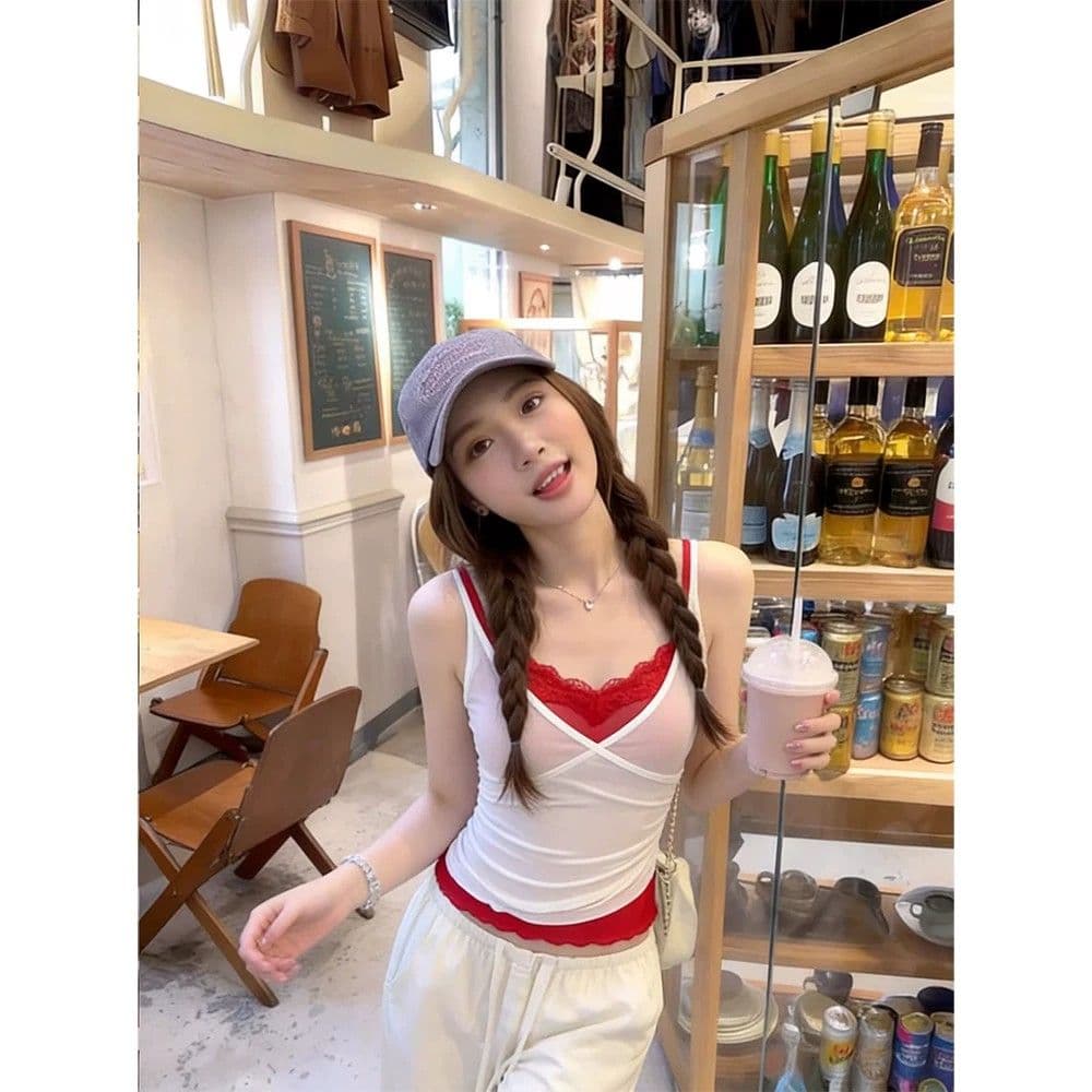 핫걸 순수한 욕망 레이스 조각 캐미솔 여름 스택 착용 센스 페이크 레이어드 몸매 가꾸기 아름다운 조끼 맨위 트렌디 이미지 2