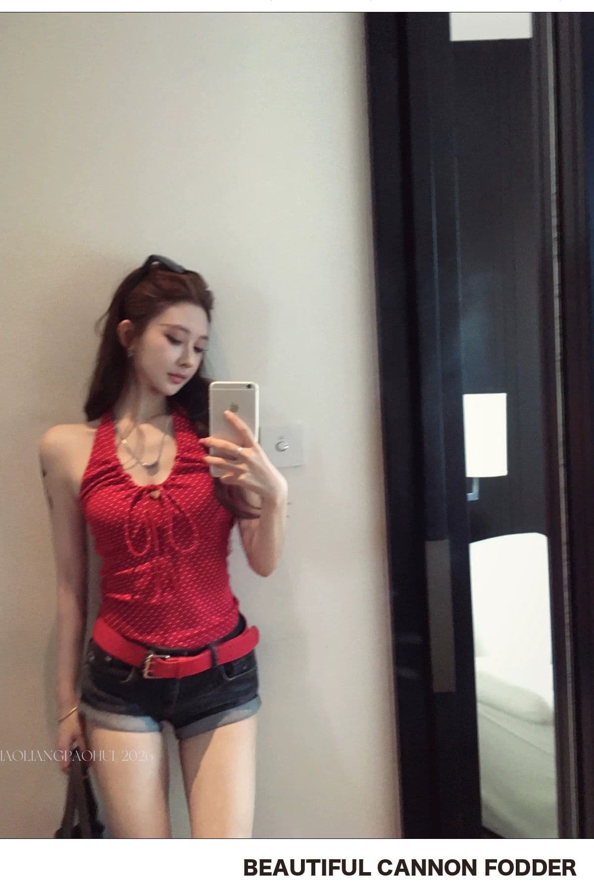 아메리칸 핫걸 바람 도트 무늬 행침 목 레이스업 캐미솔 몸매 가꾸기 외출용 섹시함 맨위 상세 이미지 5