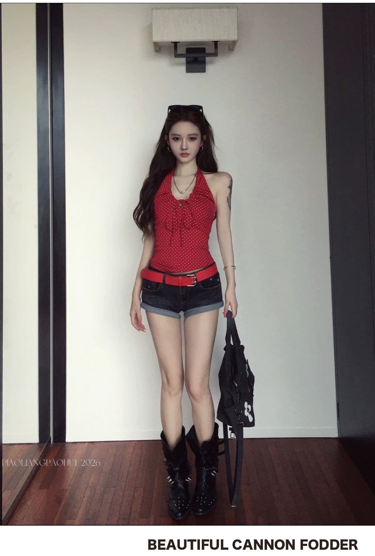 아메리칸 핫걸 바람 도트 무늬 행침 목 레이스업 캐미솔 몸매 가꾸기 외출용 섹시함 맨위 상세 이미지 6