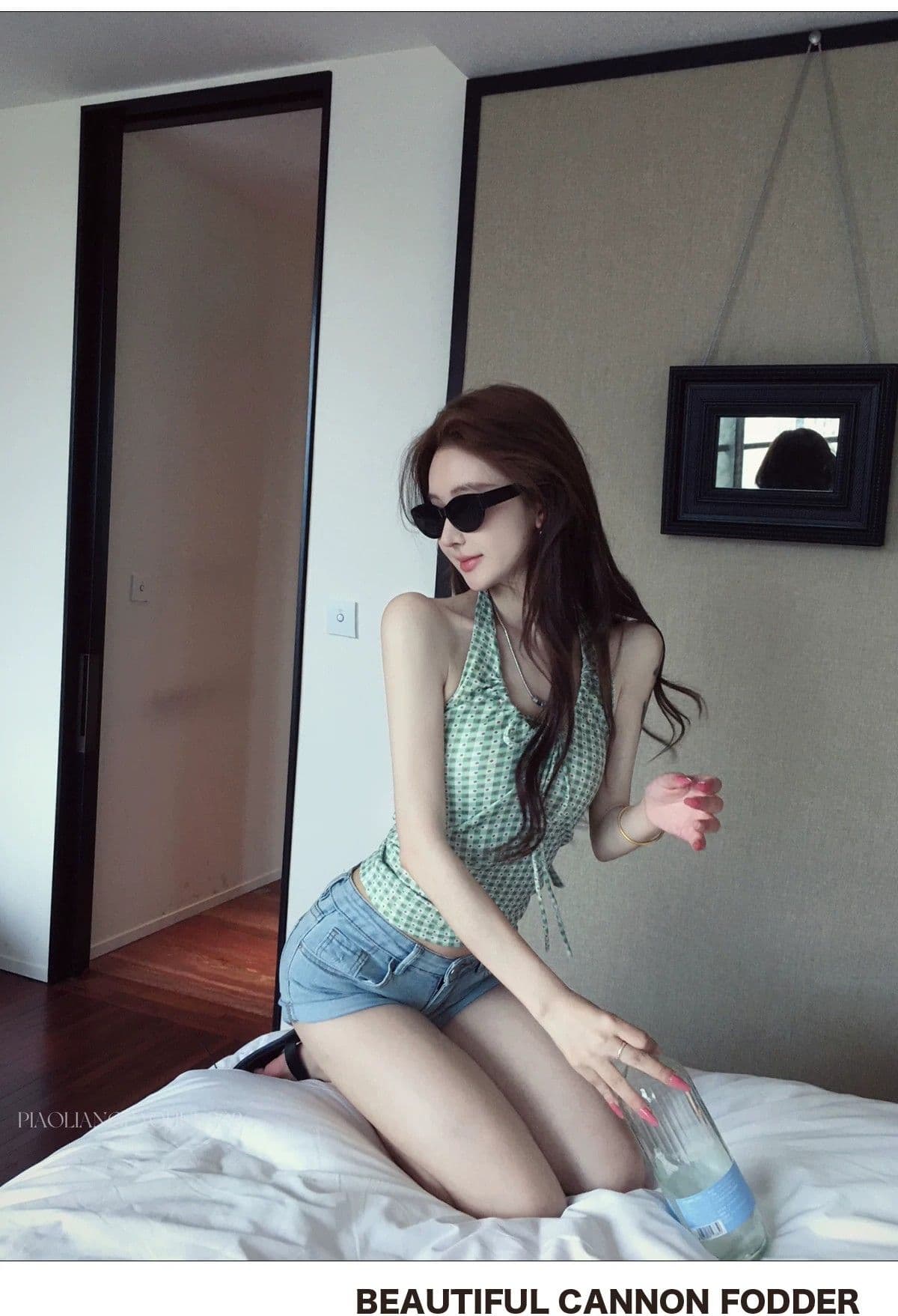 아메리칸 핫걸 바람 도트 무늬 행침 목 레이스업 캐미솔 몸매 가꾸기 외출용 섹시함 맨위 상세 이미지 10