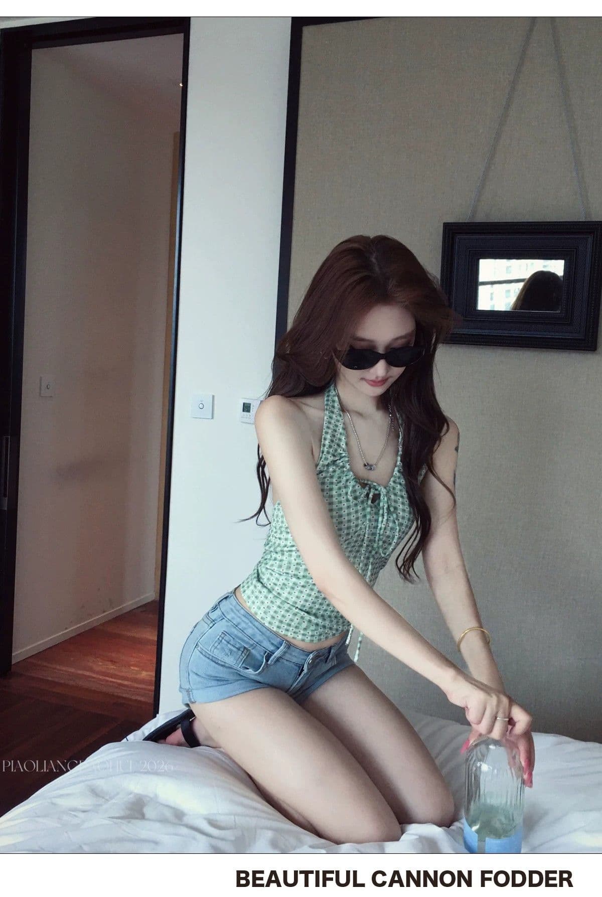 아메리칸 핫걸 바람 도트 무늬 행침 목 레이스업 캐미솔 몸매 가꾸기 외출용 섹시함 맨위 상세 이미지 11