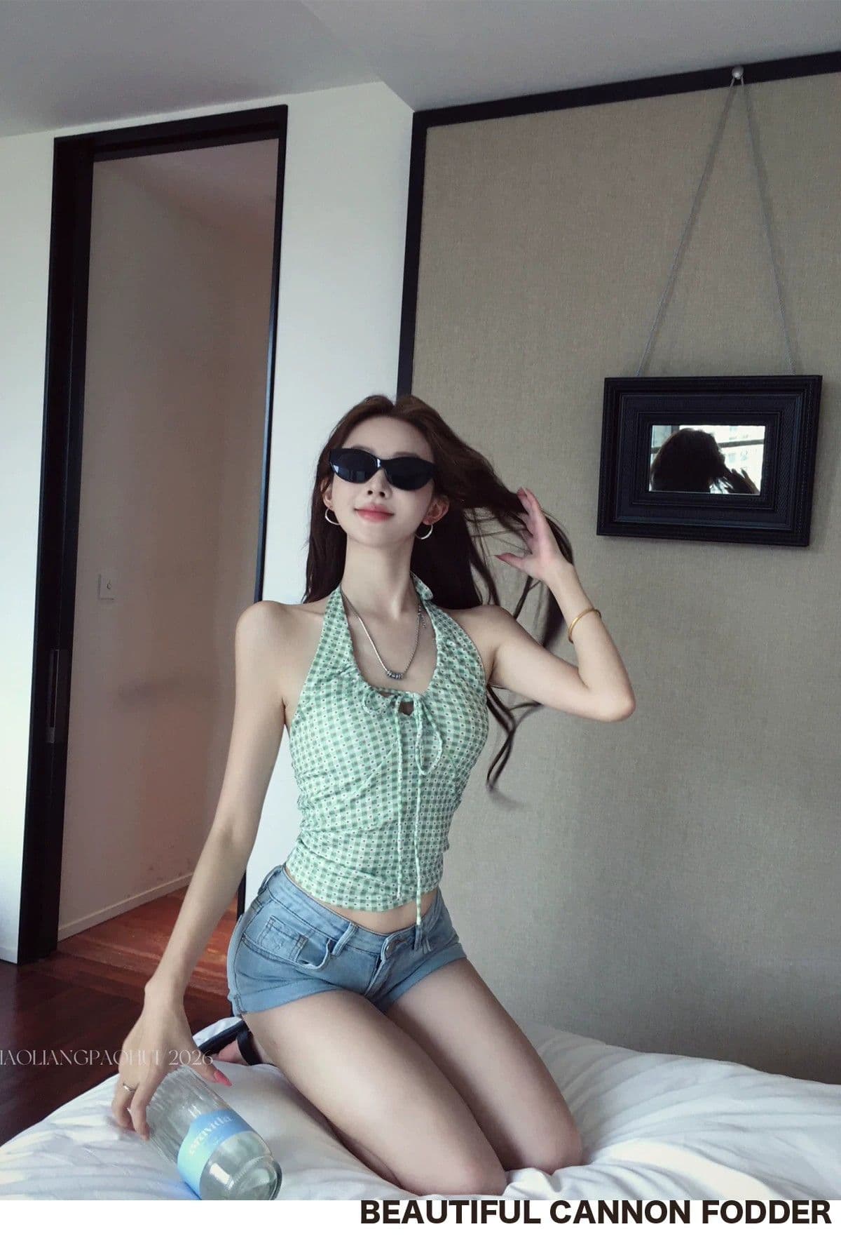 아메리칸 핫걸 바람 도트 무늬 행침 목 레이스업 캐미솔 몸매 가꾸기 외출용 섹시함 맨위 상세 이미지 14
