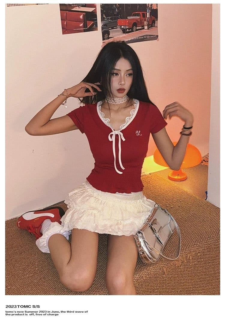 40 순면 명중 가져 가라. 한 부서 레이스 레이스 나비 매듭 스트랩 티셔츠 여성 핫걸 몸매 가꾸기 맨위 상세 이미지 5