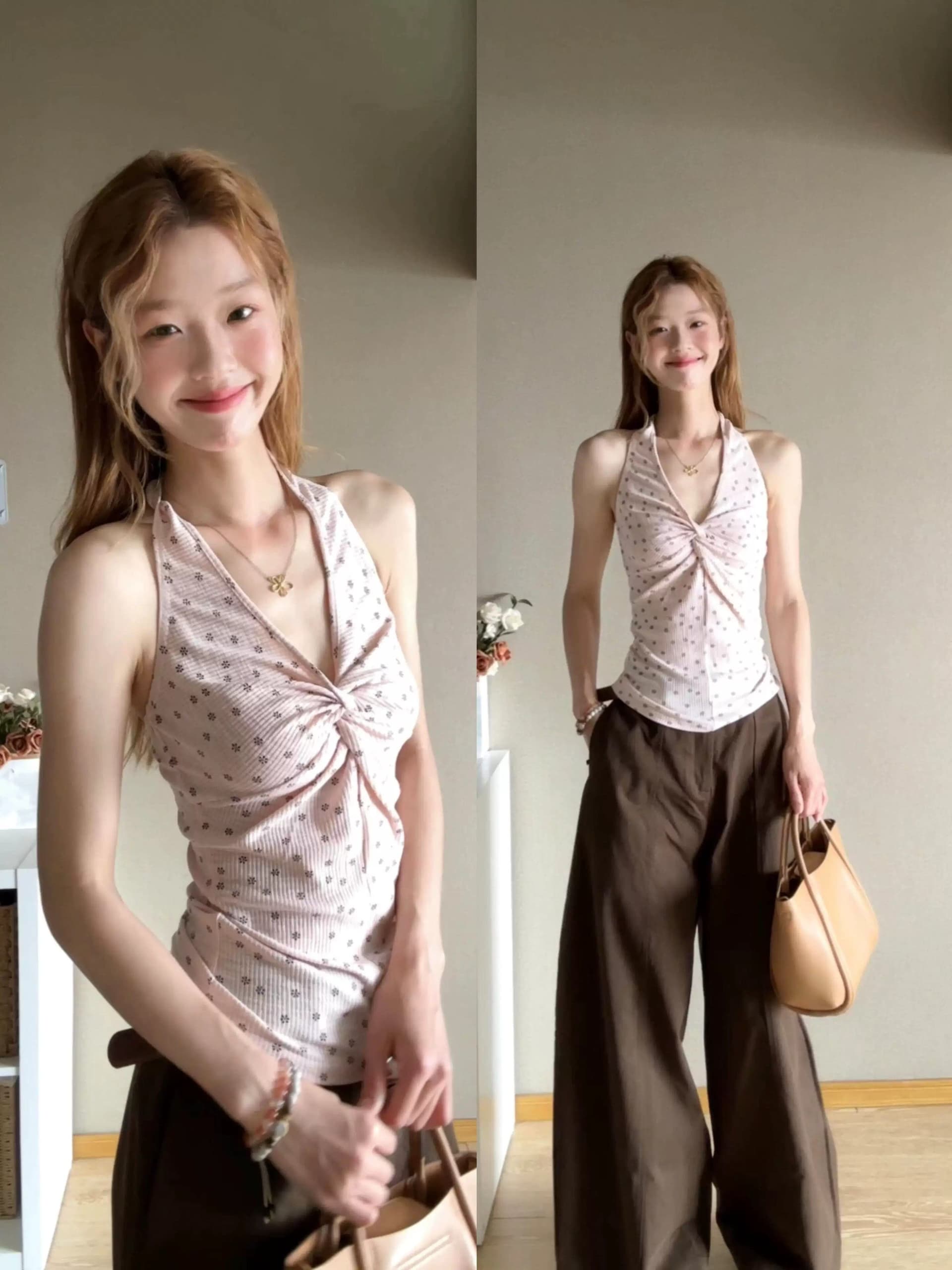 원본 원단 프린트 한 부서 고유 한 핑크색 행침 목 캐미솔 여름 몸매 가꾸기 슬림해 보이는 다용도 맨위 상세 이미지 1